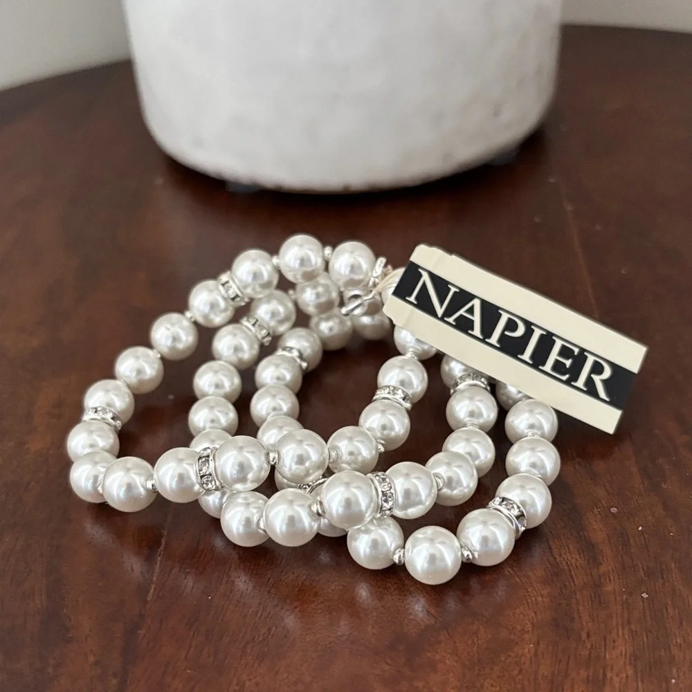 Napier Triple Row, white beads w/silver rhinestone studded bobble stretch